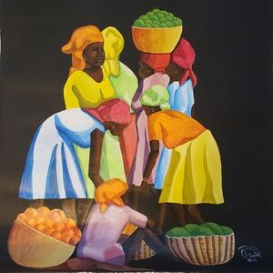 Original Jamaican Market Scene Art Print On Canvas (Not Framed)